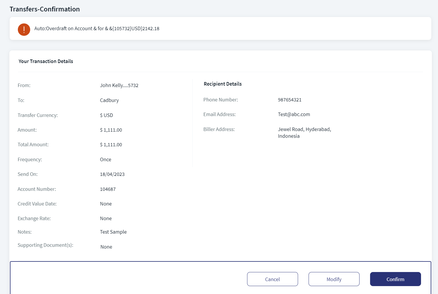 New Payee Transfer Details